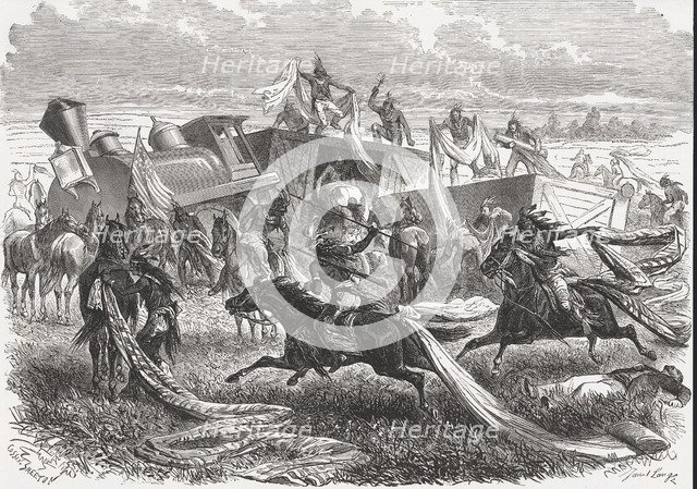 Assault of a freight train of the Pacific railroad by Sioux Indians, in the state of Idaho, engra…