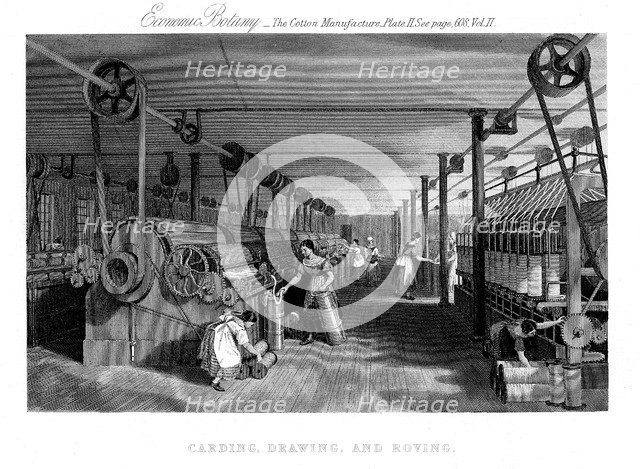 Carding, drawing and roving cotton, c1830. Artist: Unknown