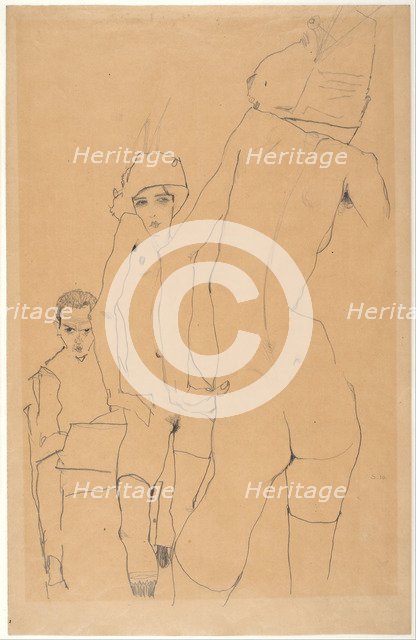 Schiele with Nude Model before the Mirror, 1910. Artist: Schiele, Egon (1890–1918)