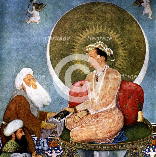 Allegory of Emperor Jahangir (1605 - 1627), son of Akbar, the third Mongol emperor', miniature, J…