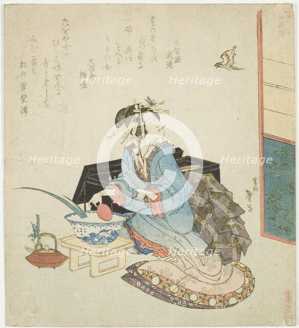 Geisha looking up at a cuckoo, from the series "Five Annual Festivals for the Katsushika..., 1822. Creator: Katsushika Taito.