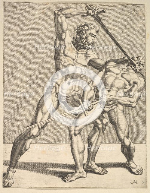 Two Fencers, from Fencers, plate 7, 1552. Creators: Dirck Volkertsen Coornhert, Cornelis Bos.