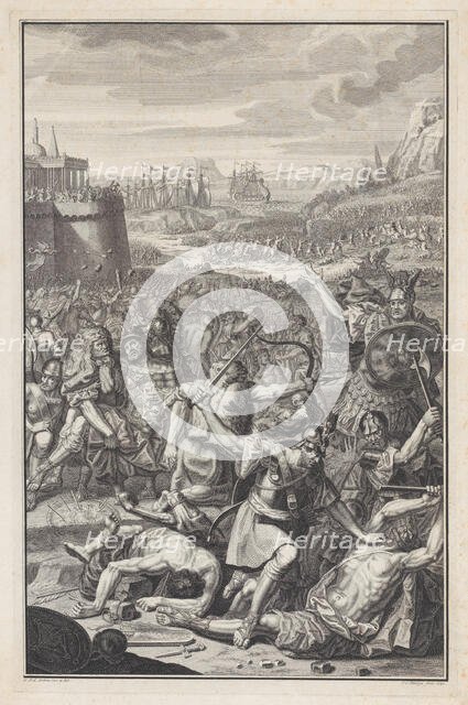 Battle scene with a man about to be stabbed with a sword at lower right, 1730. Creator: Jan Caspar Philips.