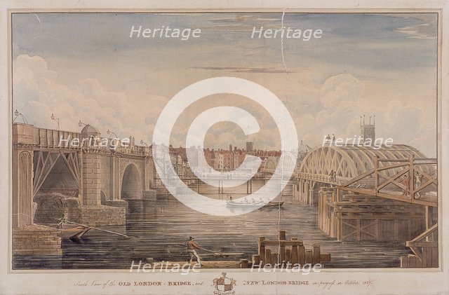 London Bridge (old and new), London, 1827. Artist: G Yates