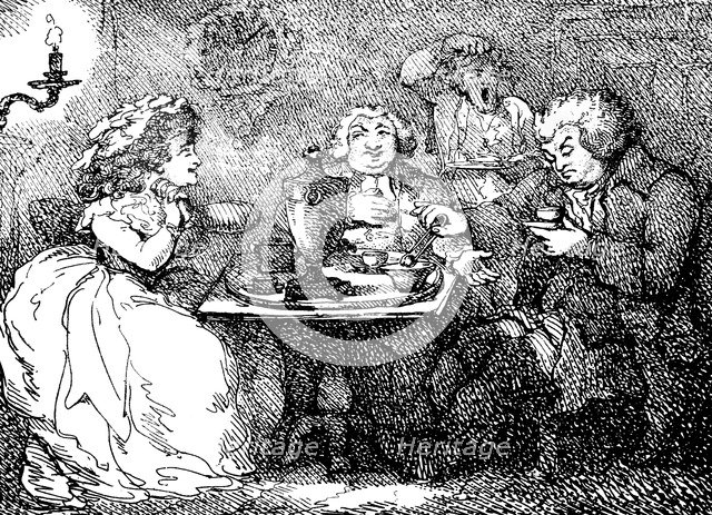 James Boswell, his wife, and Dr Johnson at tea in Edinburgh, 1773, (1786). Artist: Thomas Rowlandson