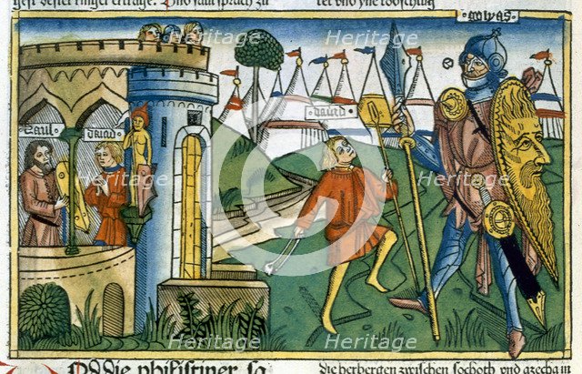 David defeats Goliath and meets Saul. Artist: Unknown