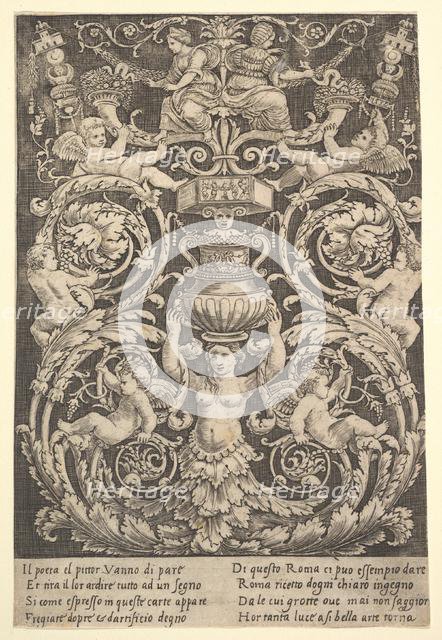 A panel of ornament with a woman holding a vase in centre, 1532. Creator: Master of the Die.