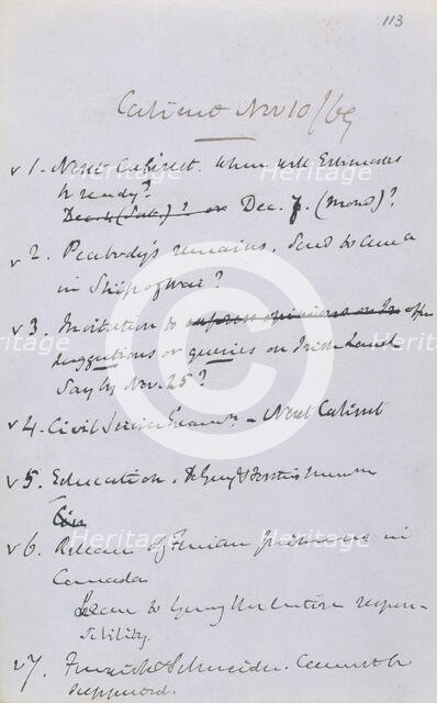 Gladstone's notes from a cabinet meeting, 1869. Creator: William Ewart Gladstone.