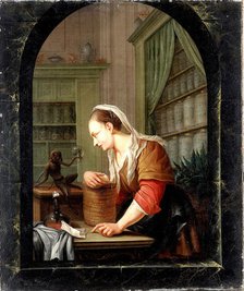 A woman in a pharmacy with a urine flask and a monkey holding an empty flask at a casement, 1780. Creator: Jacob Toorenvliet.