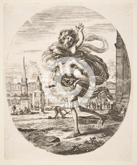 Death carrying a child, from 'The five deaths' (Les cinq Morts), ca. 1648. Creator: Stefano della Bella.