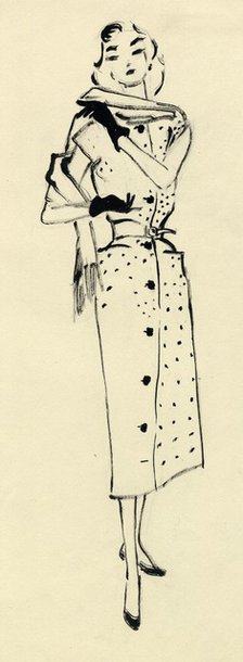 Woman in spotted dress, c1950. Creator: Shirley Markham.