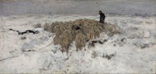 Flock of sheep with shepherd in the snow, 1887-1888. Artist: Mauve, Anton (1838-1888)