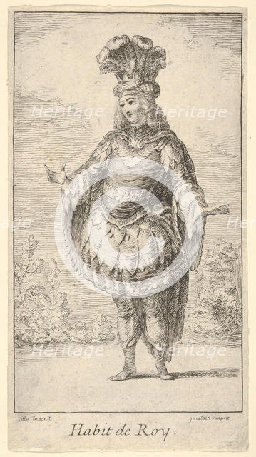 Habit de Roy: a man wearing a tonnelet decorated with rosettes, a crown and a turban w..., ca. 1721. Creator: Francois Joullain.