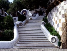 Detail of the staircase in the entrance to Park Guell, designed between 1900-1914 by the architec…
