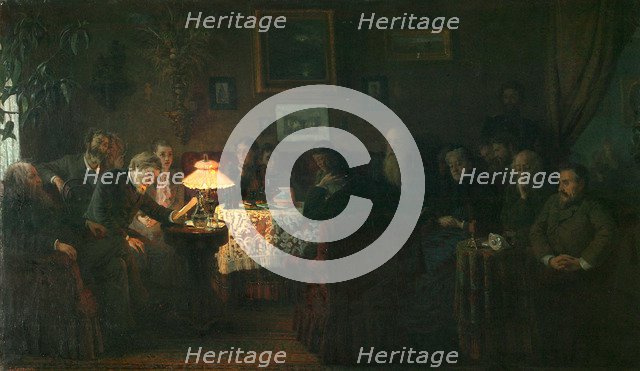 The reading of the novella The Kreutzer Sonata at the Leo Tolstoy House, 1889. Artist: Myasoedov, Grigori Grigoryevich (1834-1911)