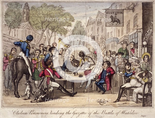 Chelsea Pensioners reading the gazette of the Battle of Waterloo, Chelsea, London, 1815 Artist: Anon