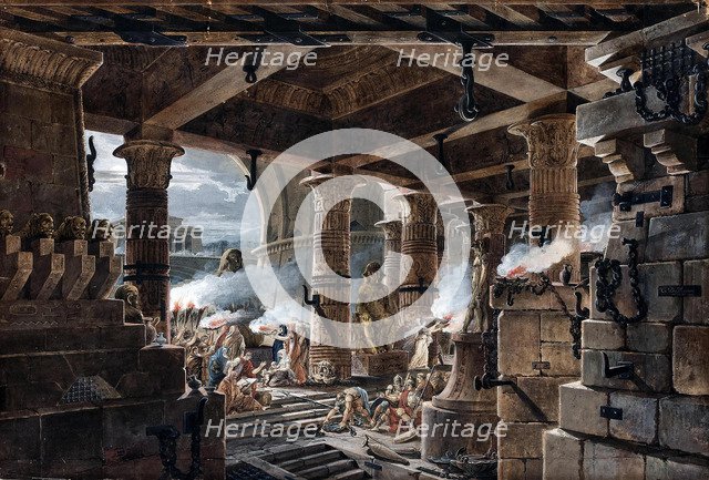 Architectural Fantasy - interior view of an Egyptian temple, 1803. Artist: Thomas de Thomon, Jean François (1754-1813)