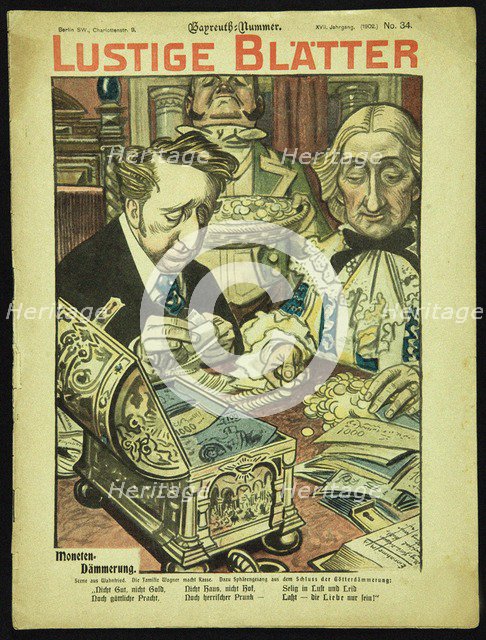 Twilight of the Coins. Caricature from Lustigen Blätter. Berlín. No 34, 1902, dedicated to the Bayre