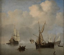 Calm sea: two small Dutch coasters at anchor alongside. Marine, c.1675. Creator: Willem van de Velde the Younger.