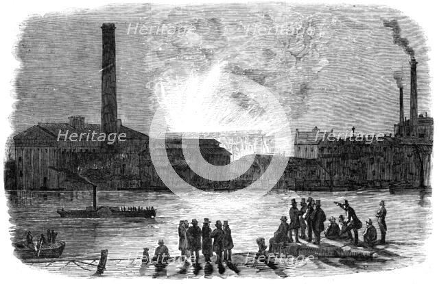 The Fire at the Vauxhall Railway Station, seen from Millbank, 1856.  Creator: Unknown.