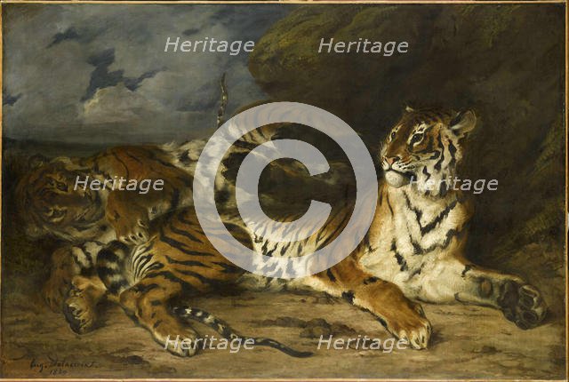 Young Tiger Playing with Its Mother, 1830. Creator: Delacroix, Eugène (1798-1863).