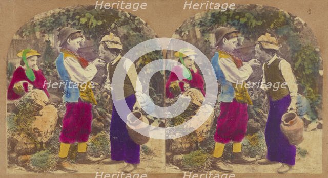 One boy feeding another, little girl looking on, about 1860. Creator: New York Stereoscopic Company.