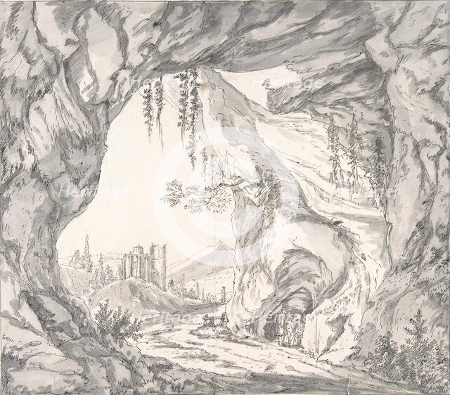 Mountainous Landscape with Ruins of a Castle and Three Men in a Cave..., late 18th-early 19th cent. Creator: Johann Huber.