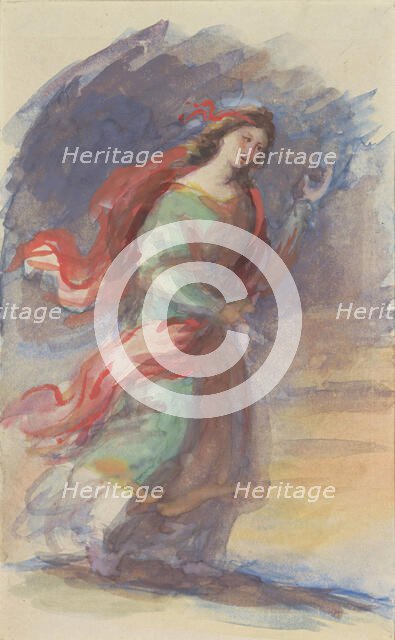 Walking young woman, in colourful, fluttering robes, against a dark background, 1818-1880. Creator: Eduard von Heuss.