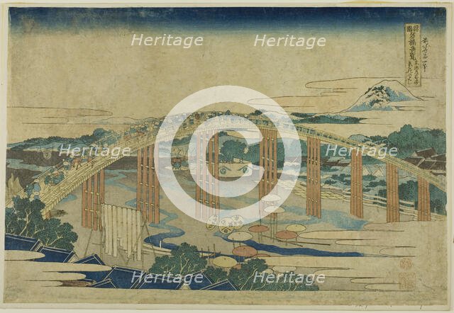 Yahagi Bridge at Okazaki on the Tokaido (Tokaido Okazaki Yahagi no hashi), from the..., c. 1833/34. Creator: Hokusai.