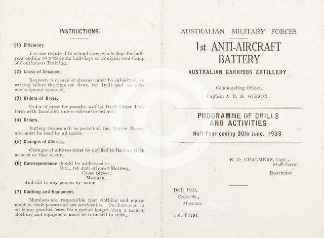 Programme of Drills and Activities, half year ending 30th June, 1933 for Australian Military Forces. Creator: Murphy.