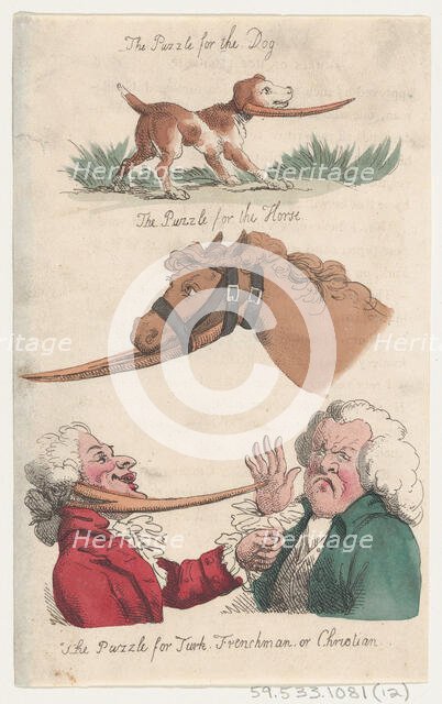 The Puzzle for the Dog; The Puzzle for the Horse; The Puzzle for Turk, Frenchman, or Chris..., 1808. Creator: Thomas Rowlandson.
