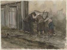Two women and a child searching through trash bin (from the series of watercolors Russian revolution Artist: Vladimirov, Ivan Alexeyevich (1869-1947)