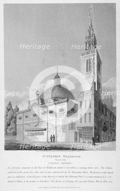 North-west view of the Church of St Stephen Walbrook, City of London, 1813. Artist: Joseph Skelton