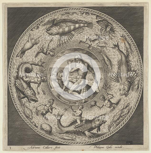 Design for a Plate with Neptune in a Shell Drawn by Horses in a Medallion Bordered by ..., c1600. Creator: Adriaen Collaert.