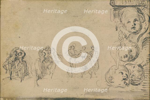Sketches of Dancers and Heads of Putti, 1748. Creator: Gabriel de Saint-Aubin.