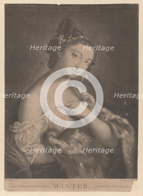 Winter: a woman holding a spotted fur mantle, 1775. Creator: Richard Houston.
