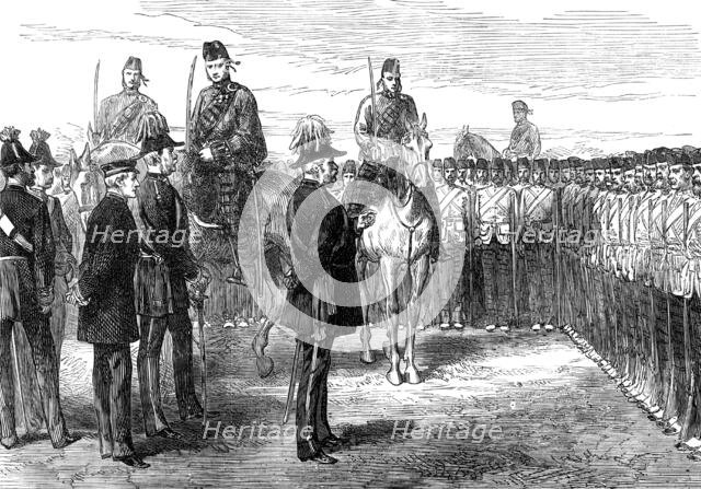 ...troops from the Ashantee War: the Duke of Cambridge addressing the 42nd Highlanders, 1874. Creator: Unknown.