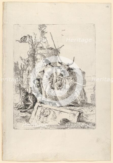 Young shepherdess and old man with a monkey, from the Scherzi, ca. 1743-50. Creator: Giovanni Battista Tiepolo.