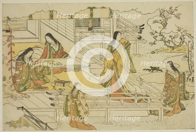 The First Calligraphy of the New Year (Kissho hajime), from the illustrated book "Colors..., c.1787. Creator: Torii Kiyonaga.