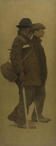La Bouchée de pain : un vieil homme à béquilles et un jeune homme côte à côte, c.1904. Creator: Fernand Pelez.