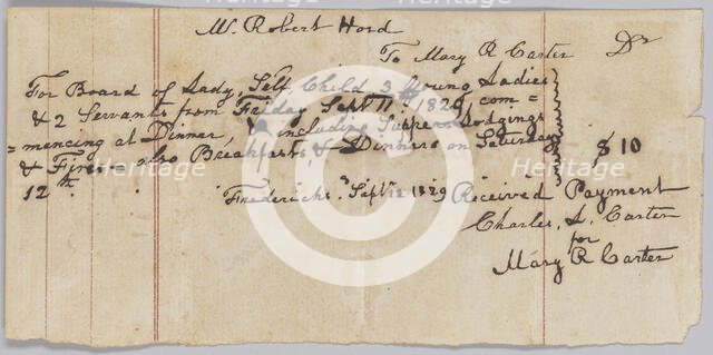 Payment receipt for room and board provided by Mary R. Carter, September 12, 1829. Creator: Unknown.