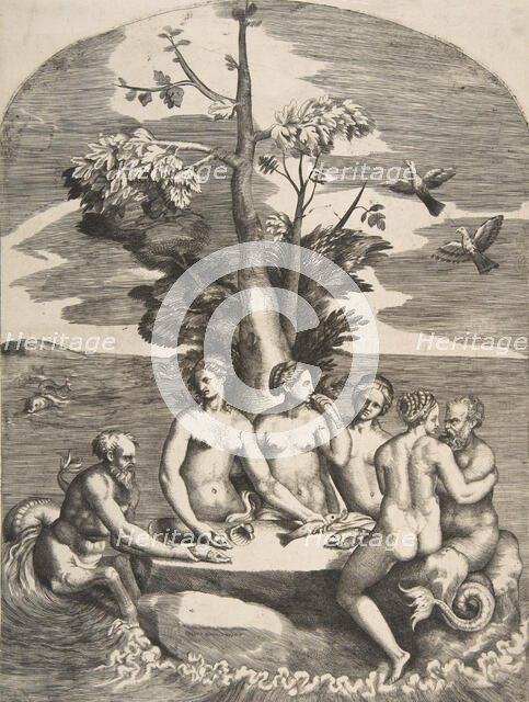 Two sea gods accompanied by four nymphs, 1531-76. Creator: Giulio Bonasone.
