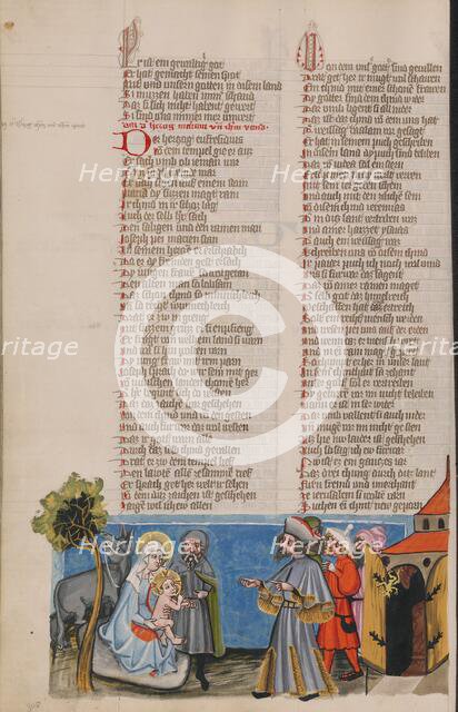 The Duke Aphrodisius before the Holy Family; Weltchronik, about 1400-1410. Creator: Unknown.