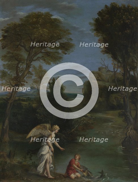 Landscape with Tobias laying hold of the Fish, c. 1612. Artist: Domenichino (1581-1641)