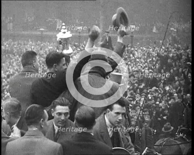 Everton Players Waving to Crowds With the FA Cup, 1930s. Creator: British Pathe Ltd.