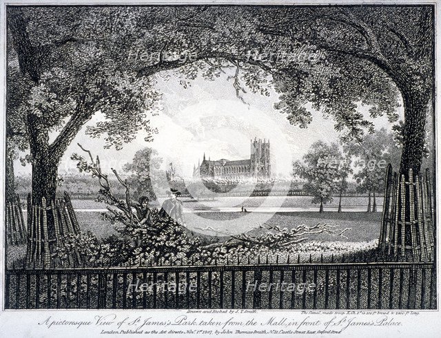 St James Park, from the Mall in front of St James's Palace, Westminster, London, 1807. Artist: John Thomas Smith