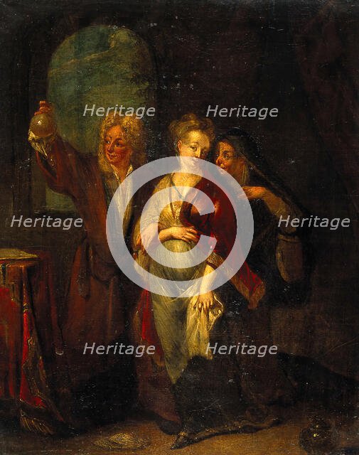 A physician examining the urine of a pregnant girl, 18th century. Creator: Unknown.