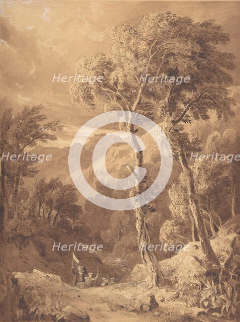 Mountainous Landscape with a Party of Travellers (Scene on the River Pellene Achaia), 1818-29. Creator: Hugh William Williams.