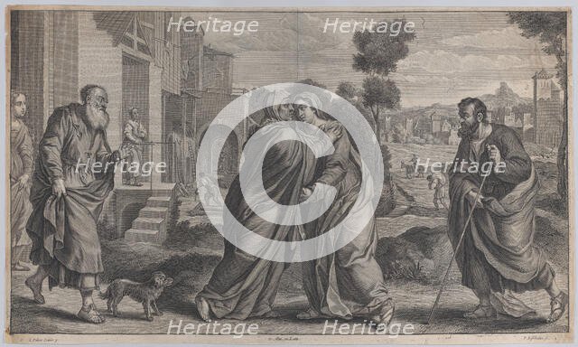 Visitation; Saint Elizabeth embracing the Virgin at center as Saint Joseph walks to..., ca. 1656-60. Creators: Pieter van Lisebetten, David Teniers II.