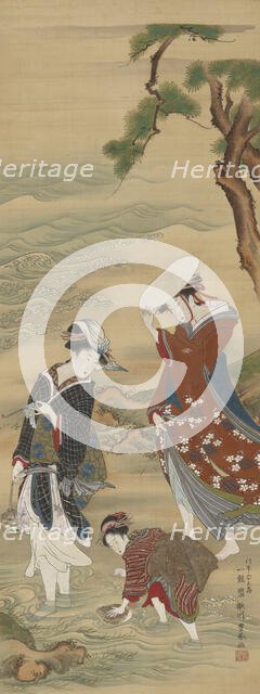 Two women and a girl on the seashore, 1735-1814. Creator: Utagawa Toyoharu.